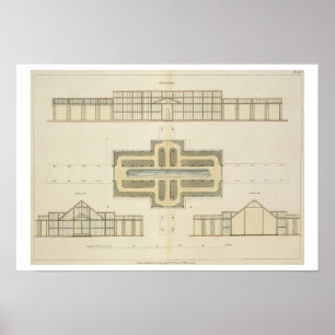 Pôster Elevações e plano à terra de uma estufa, de '
