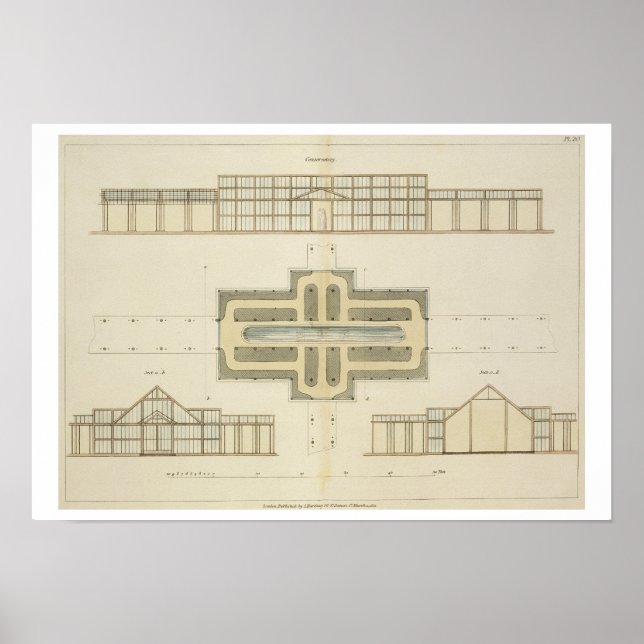 Pôster Elevações e plano terrestre de uma estufa, de " (Frente)