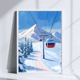 Poster Elevador de Esqui   Aquarela de Gôndola de Montanh