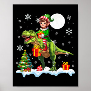 Poster Elf Andando T-rex Árvore de Natal Luzes Coloridas 