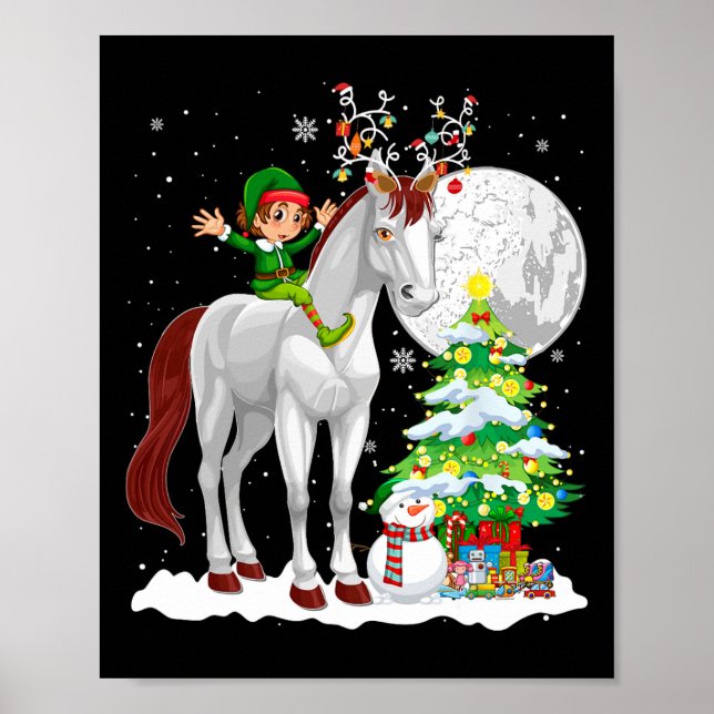 Poster Elf de Natal Andando Reindeer Horse Snowman Xmas T (Frente)