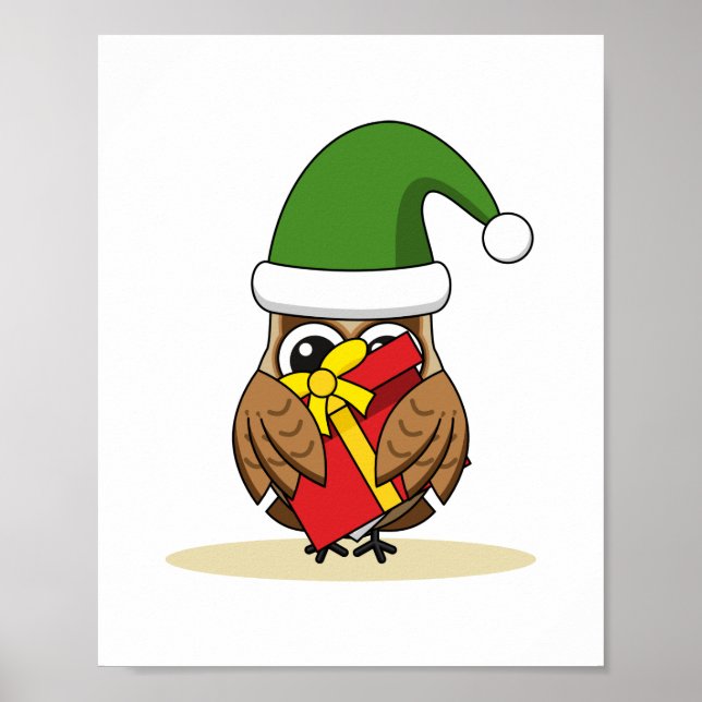 Poster Elf Owl de Natal com Presente (Frente)