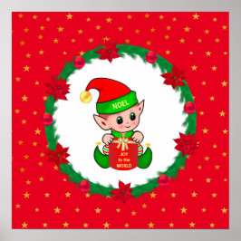 Poster elfo de Natal, grinalda de pinheiro, poinsettias e