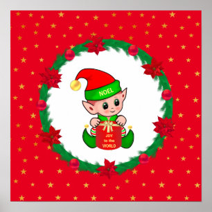 Poster elfo de Natal, grinalda de pinheiro, poinsettias e