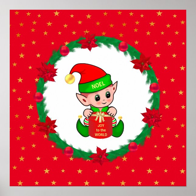 Poster elfo de Natal, grinalda de pinheiro, poinsettias e (Frente)