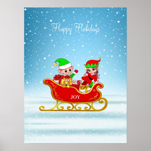Poster Elfos de Natal em Sleigh com Presentes (Frente)