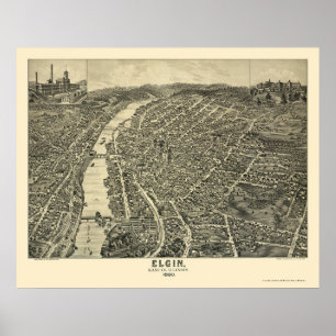 Poster Elgin, Mapa Panorâmico IL - 1880