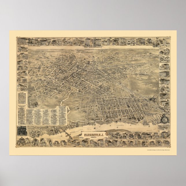 Pôster Elizabeth, Mapa Panorâmico NJ - 1898 (Frente)