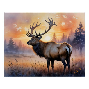Pôster Elk de Aquarela no nascer do Sol