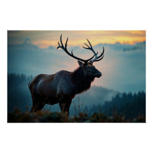 Pôster Elk em uma Cordilheira no amanhecer
