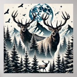 Poster Elk em uma Floresta Mística sob uma Montanha Lua