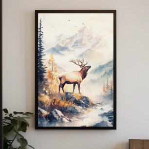 Poster Elk na paisagem natural das florestas de montanha 