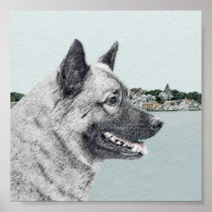 Poster Elkhound norueguês na pintura da vila - Arte cani