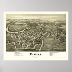 Pôster Elkins, mapa panorâmico de WV - 1897