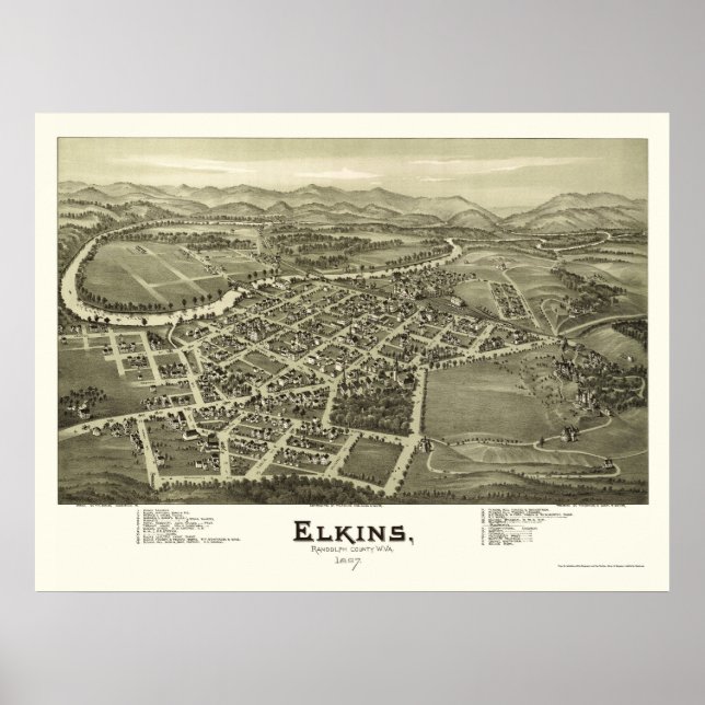 Pôster Elkins, Mapa Panorâmico do WV - 1897 (Frente)