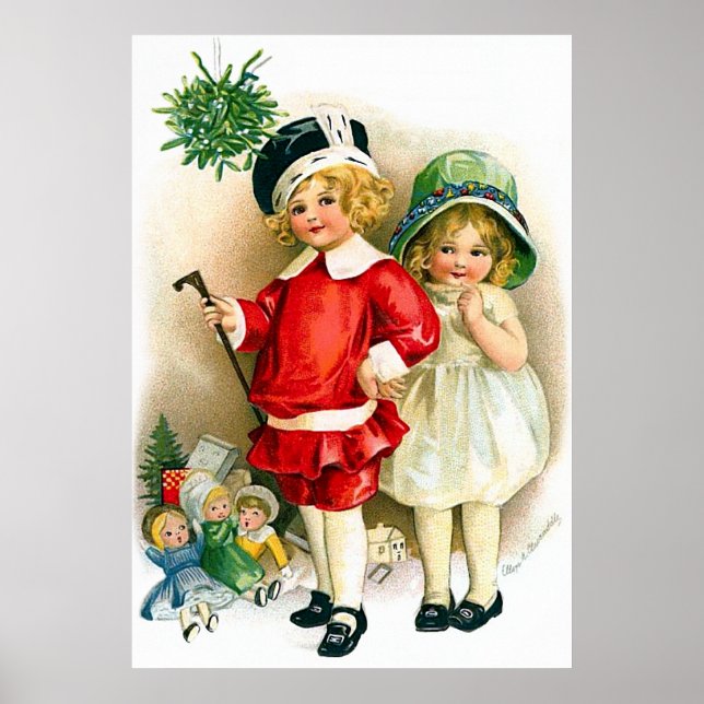 Pôster Ellen H. Clapsaddle: Garota e Garota com Brinquedo (Frente)