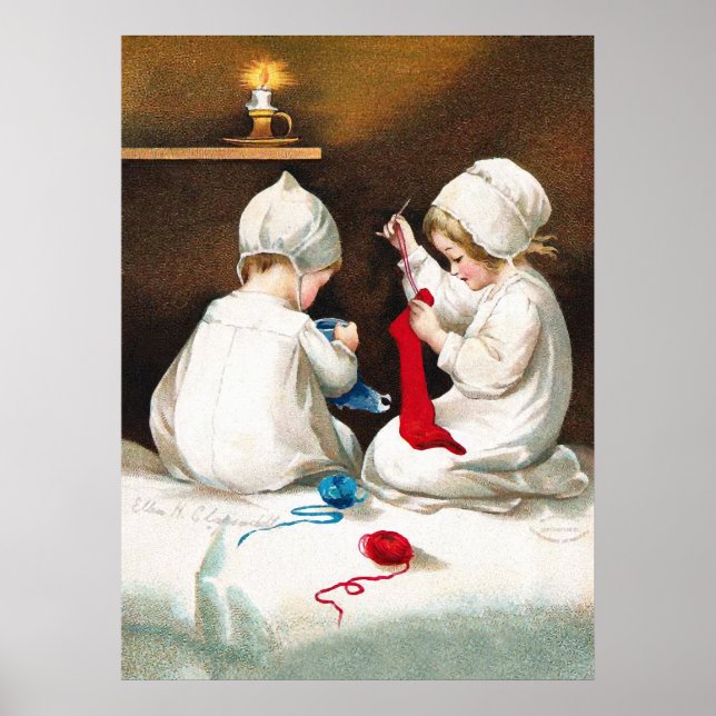 Poster Ellen H. Clapsaddle: Meninas Stitching Stockings (Frente)