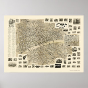 Poster Elmira, mapa panorâmico de NY - 1901