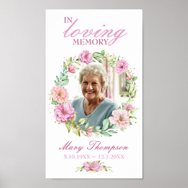 Poster Em Memória Querida Coroa Floral Rosa Foto Funeral (Frente)