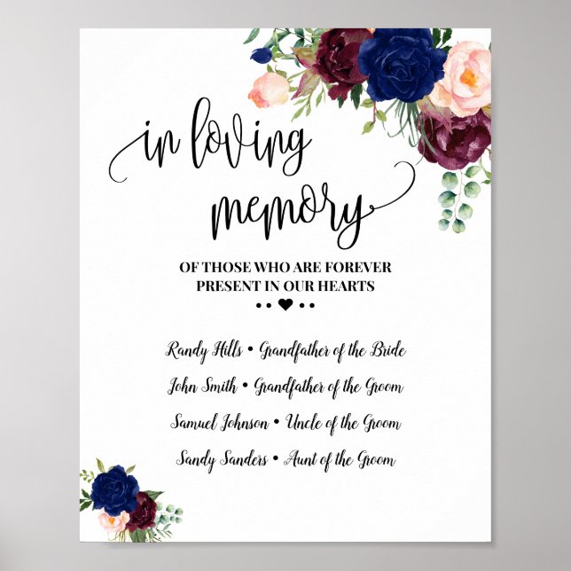 Poster Em memória querida lembrança casamento azul marinh (Frente)