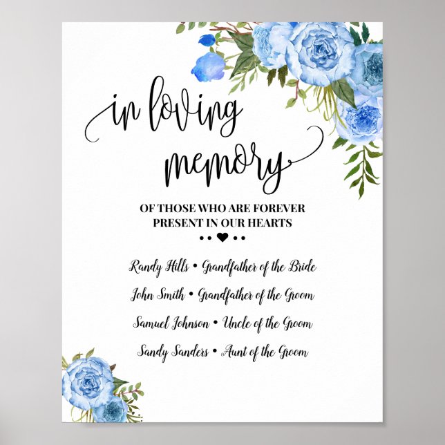 Poster Em Memória Querida Lembrança Floral Azul Casamento (Frente)
