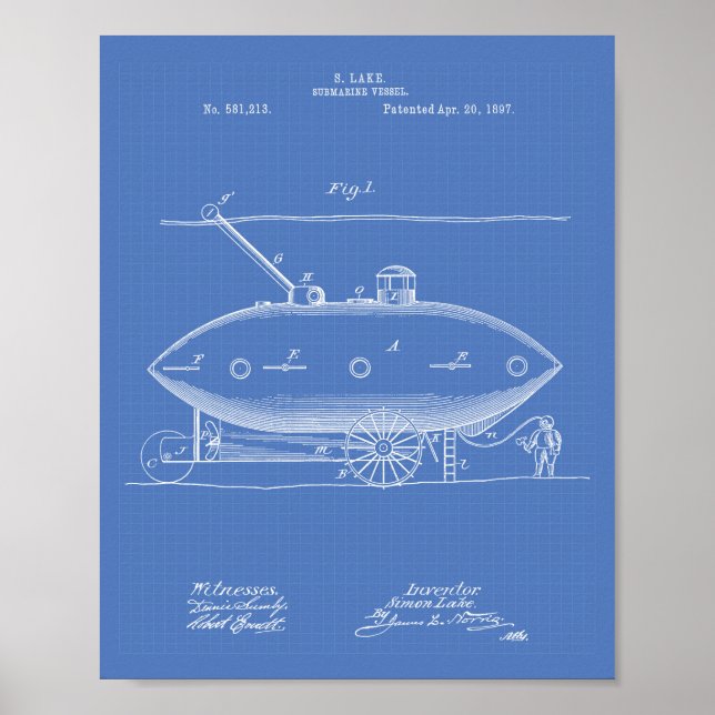 Poster Embarcação Submarina 1897 Projeto de Arte Patente (Frente)