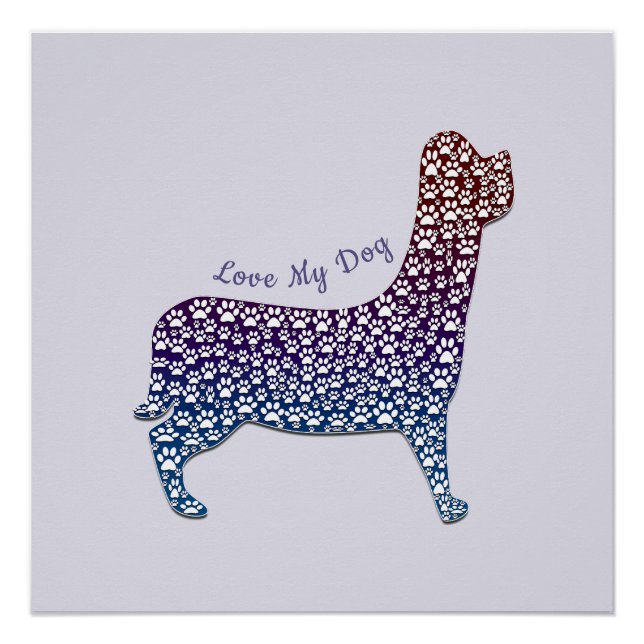 Pôster Embossed Indigo Gradient Paw Print Dog Outline (Frente)