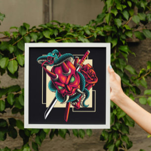 Poster Embraço do demônio; máscara oni e Cobra