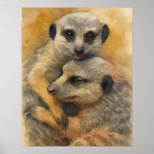 Poster Embraço Silencioso - Par de Meerkat de Aquarela