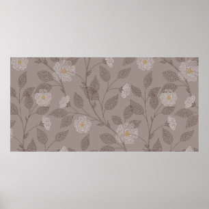 Poster Embroidered flowers and leaves on brown background