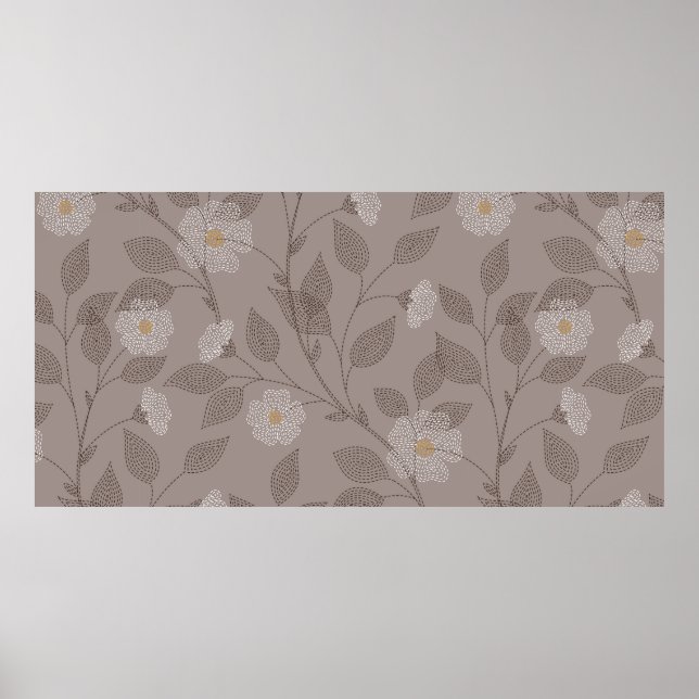 Poster Embroidered flowers and leaves on brown background (Frente)