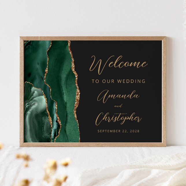 Poster Emerald Green Agate Gold Script Wedding Welcome (Criador carregado)