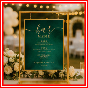 Poster Emerald Green & Dourado Menu do Bar de Casamento