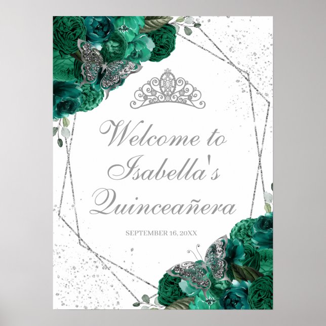 Poster Emerald Green e Silver Tiara Quinceanera (Frente)