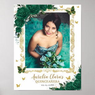 Poster Emerald Green Floral Butterflies Quinceanera Foto