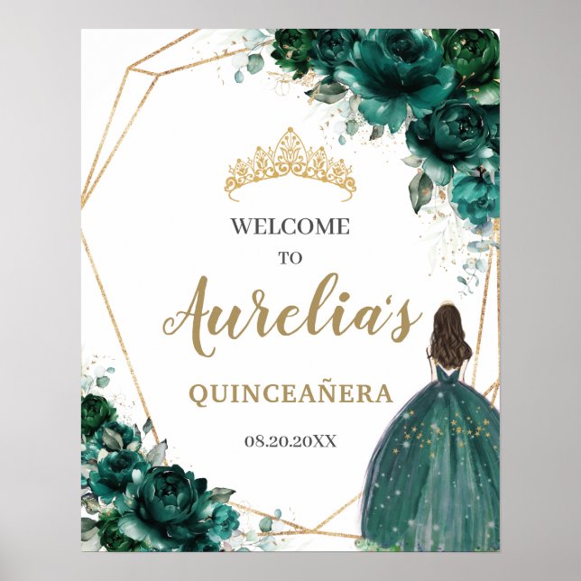 Poster Emerald Green Floral Quinceañera Geométrico Bem-vi (Frente)