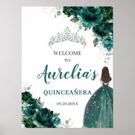 Poster Emerald Green Floral Silver Quinceañera Bem-vindo