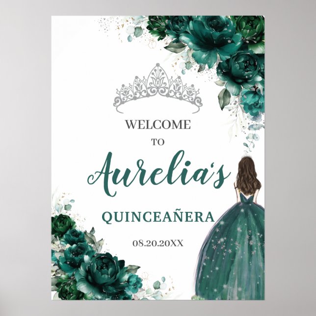 Poster Emerald Green Floral Silver Quinceañera Bem-vindo (Frente)
