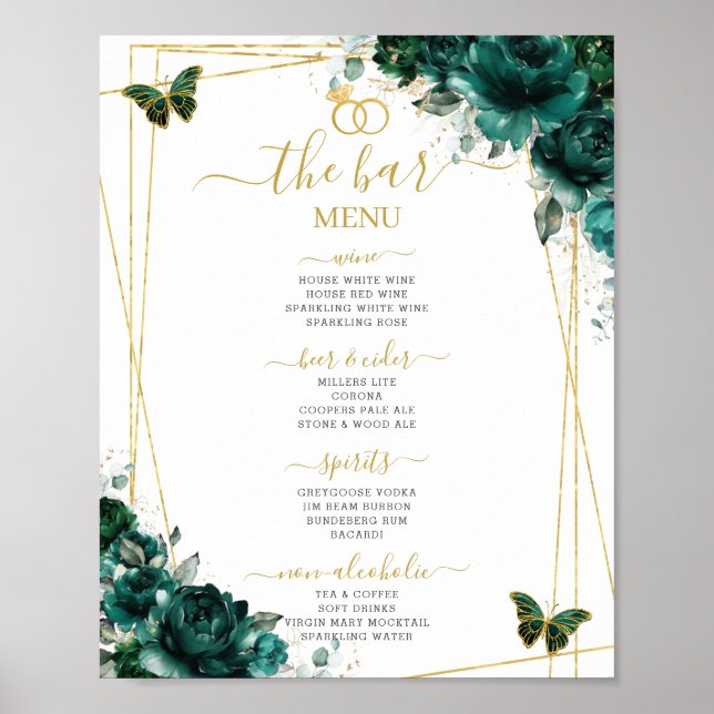 Poster Emerald Green Floral Wedding Bar Cocktail Menu (Frente)