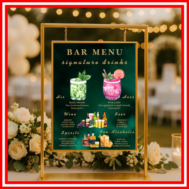 Poster  Emerald Green & Gold Wedding Bar Menu  (Criador carregado)