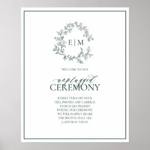 Poster Emerald Green Leafy Monogram Unplugged Wedding