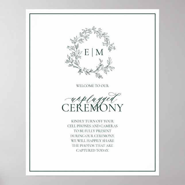 Poster Emerald Green Leafy Monogram Unplugged Wedding (Frente)