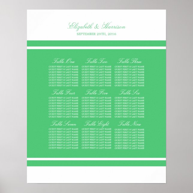 Poster Emerald Green Modern Wedn Seating Chart (Frente)