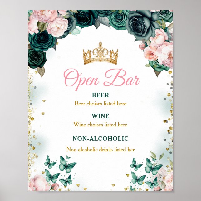 Poster Emerald Green Quinceañera Bar Aberto Rosa Floral (Frente)