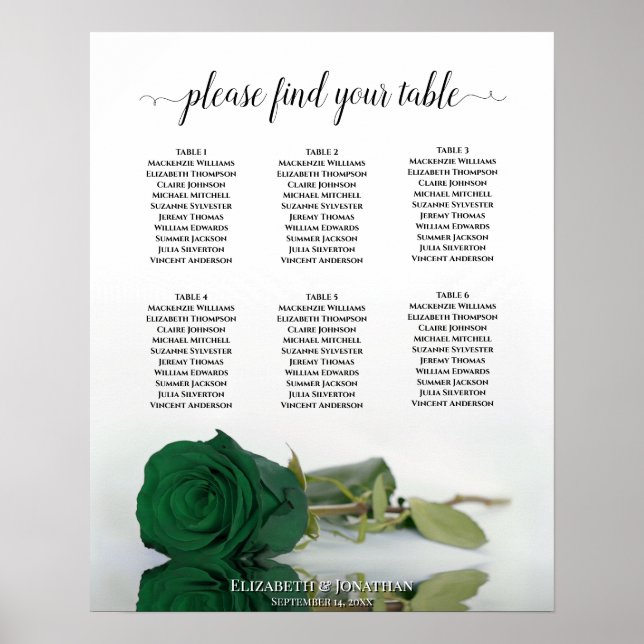 Poster Emerald Green Rose 6 Table Wedding Seating Chart (Frente)