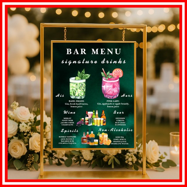 Poster  Emerald Green Wedding Bar Menu  (Criador carregado)
