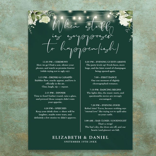 Poster Emerald String Lights Floral Wedding Itinerary (Emerald String Lights Floral Wedding Itinerary Poster)