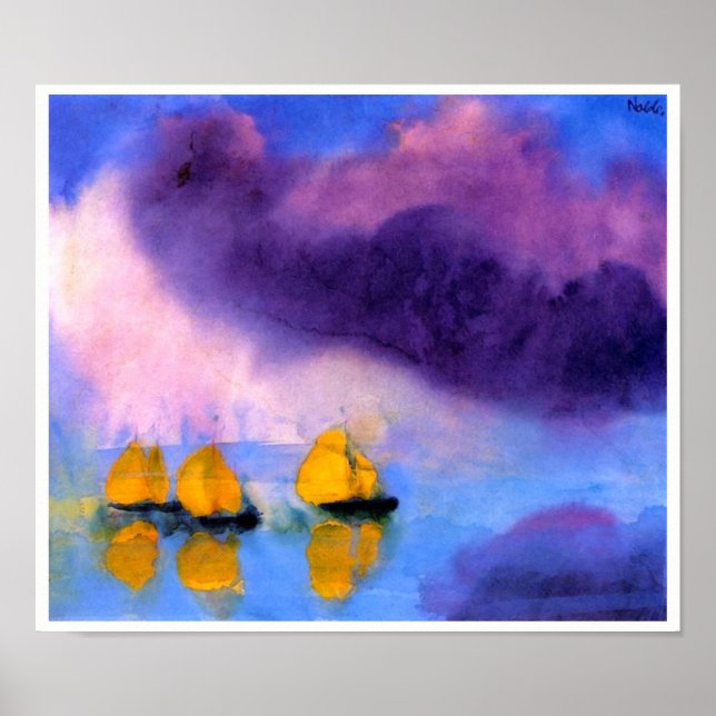 Pôster Emil Nolde - Mar com Nuvens Violetas e Barcos Mari (Frente)
