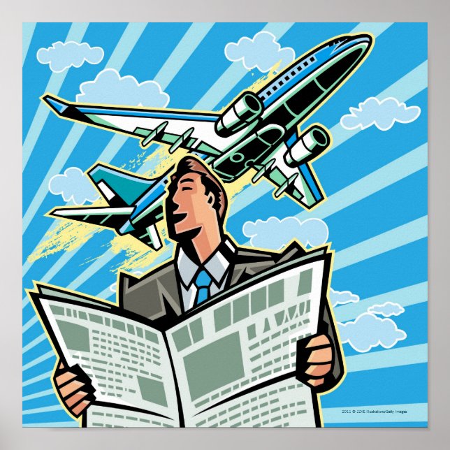 Pôster Empresário com jornal e avião acima (Frente)