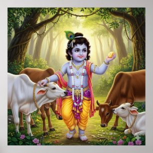 Poster Encantador Bala Krishna Pastoral Verde com Bezerro